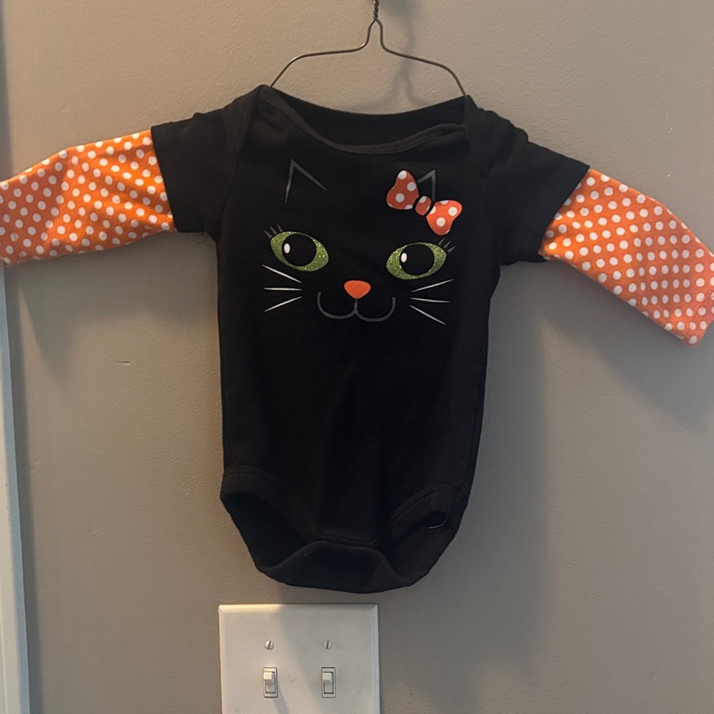 Halloween Black Cat Onesie with Orange Polka Dot Sleeves